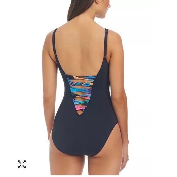 NWT Bleu by Rod Beattie Women's Plunge-Neck One-Piece Swimsuit in Black SZ 12 - Picture 2 of 5